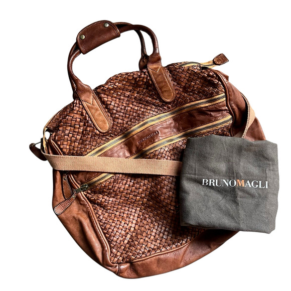 Bruno Magli Woven Leather Satchel Weekender Travel Bag Cognac Brown - Picture 1 of 16